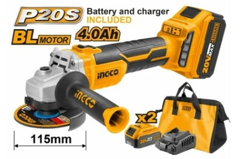 KIT SMERIGLIATRICE BRUSHLESS 20V BATT.+CAR.+VAL. INGCO